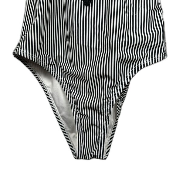 Cupshe One Piece Swimsuit Small Black White Stripe Lace V-Neck Tie Back Cutout - Picture 3 of 9